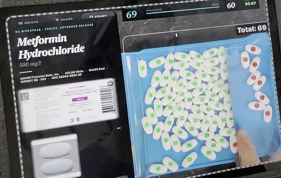 Pill Bee counting screen: a Metformin label on the left, and a tray of tablets on the right where the first 60 are numbered in green and the 9 extras are numbered in red, with a running total of 69 against a target of 60.